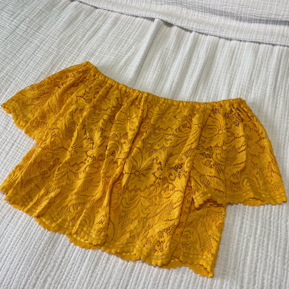 Ambiance size S Bright Mustard Yellow Lacey Ruffled Off-Shoulder Crop Top